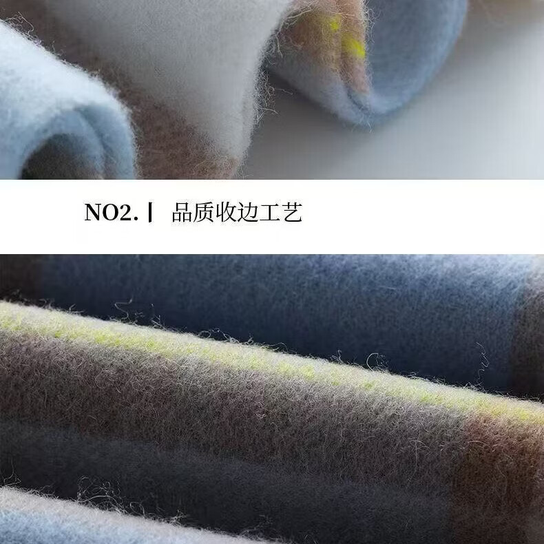 含羊毛格子围巾女秋冬季学生百搭保暖2026新款蓝色软糯情侣围脖 【含羊毛围巾】-灰蓝条纹 -(软糯亲肤)