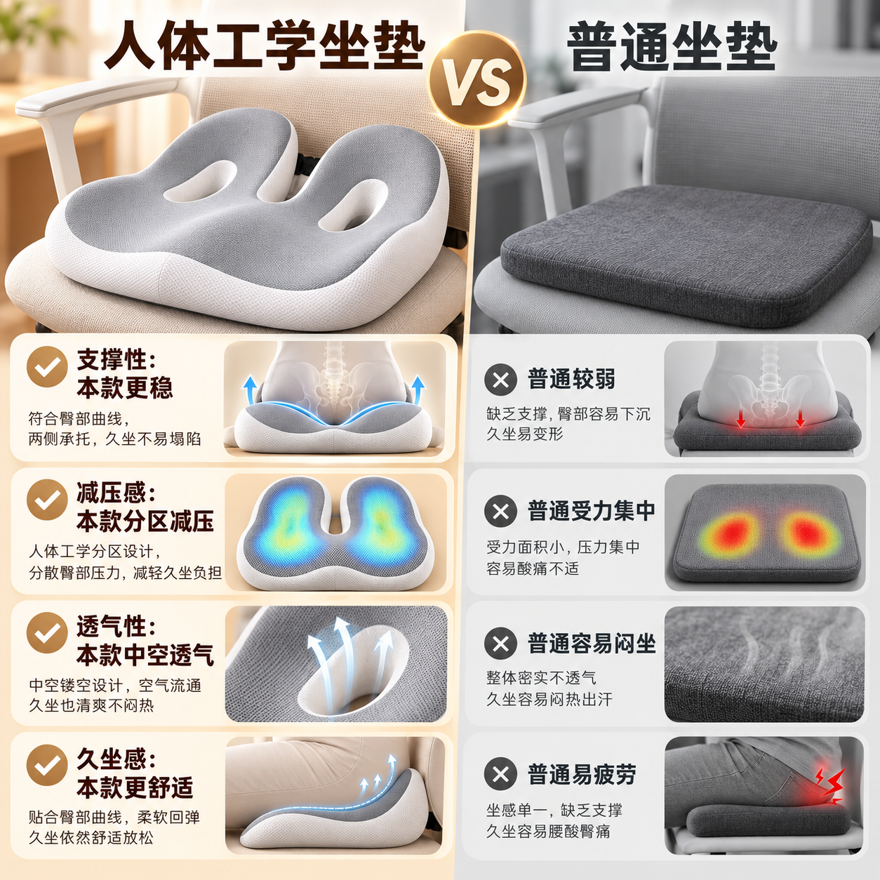AILUKI日式办公室久坐记忆棉坐垫椅子座椅屁垫尾椎减压舒适透气坐垫 坐垫-黑灰拼色 【透气镂空设计】
