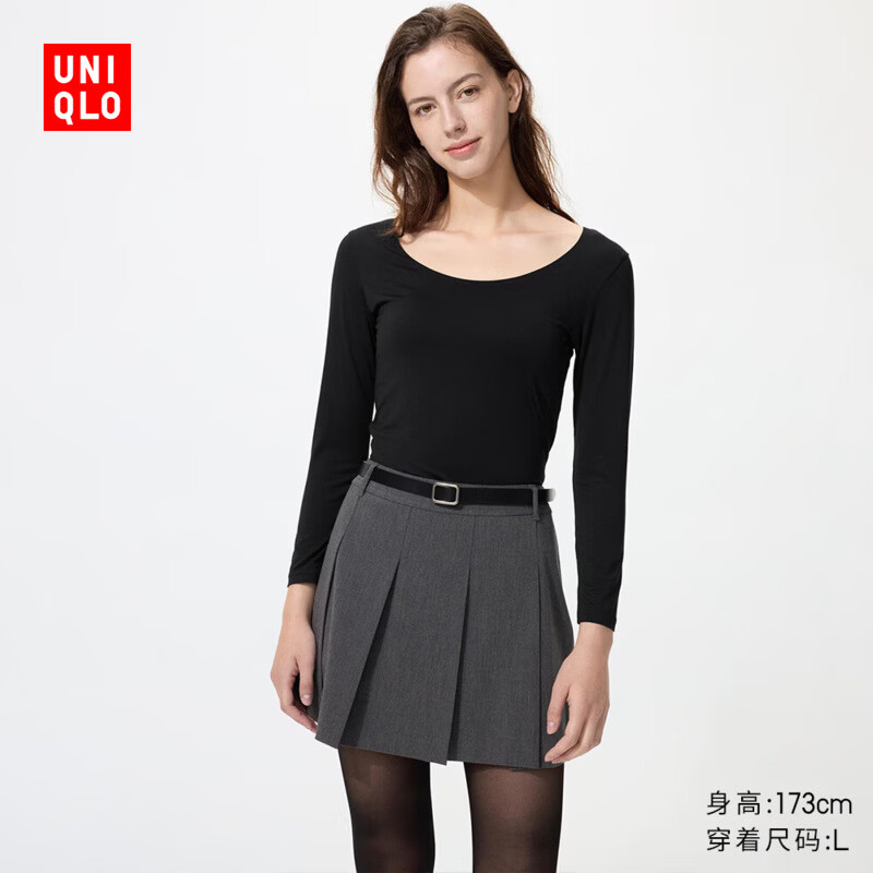 优衣库HEATTECH U领T恤/8分袖女装/保暖衣秋衣内衣485808 09 黑色 M