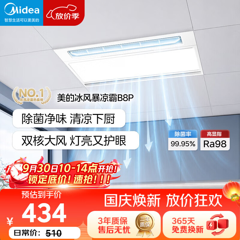 美的（Midea）凉霸厨房卫生间集成吊顶照明一体遥控排气换气吹风负离子除菌B8P