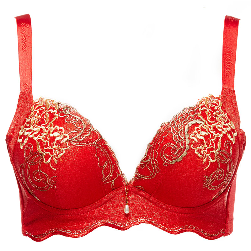 贝佳人聚拢调整型胸罩红色本命年深v侧收副乳文胸性感刺绣内衣女 中国