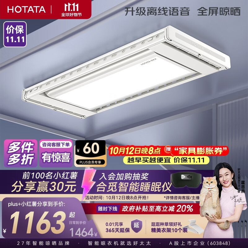 好太太(Hotata)智能晾衣机隐形超薄升降电动晾衣架D-3272离线语音