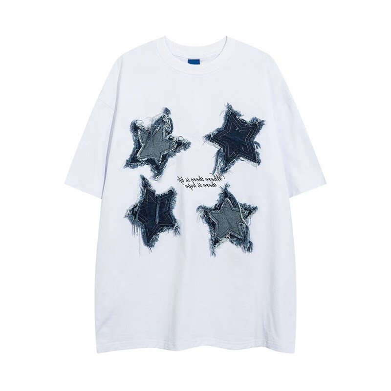 潮牌ins星星牛仔贴布短袖t恤男女夏季高街oversize情侣装上衣 白色 m