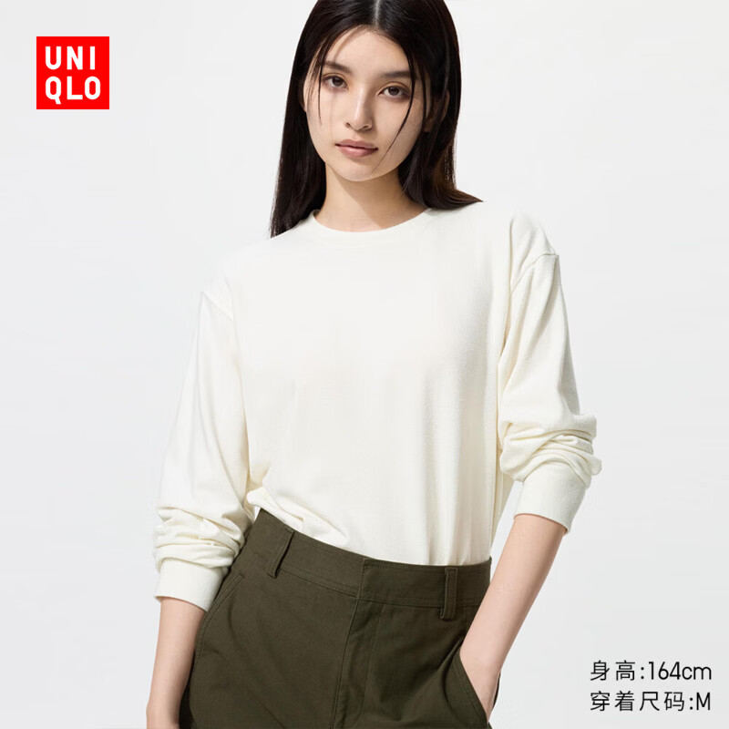 优衣库柔软针织摇粒绒圆领套头衫/长袖女装抓绒T恤479609 487592 479609/01乳白色 L