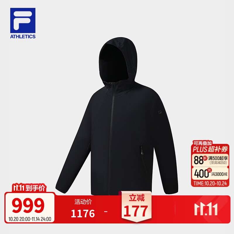 FILA 斐乐官方男士梭织外套2026冬新款健身运动简约修身连帽外套 深黑-BK XL 180/100A/XL