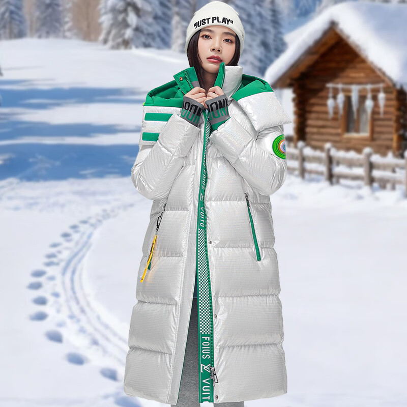 拉夏贝尔羽绒服女2026冬季新款时尚撞色连帽保暖中长款羽绒外套 白绿色 XS