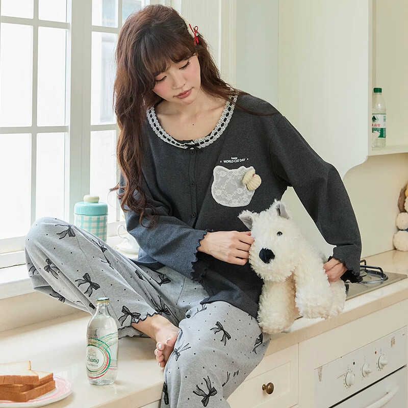 猫人睡衣女款春秋季棉质长袖长裤甜美卡通格子可外穿家居服套装 浅灰星星 M 【推荐约155-160CM/80-100斤】