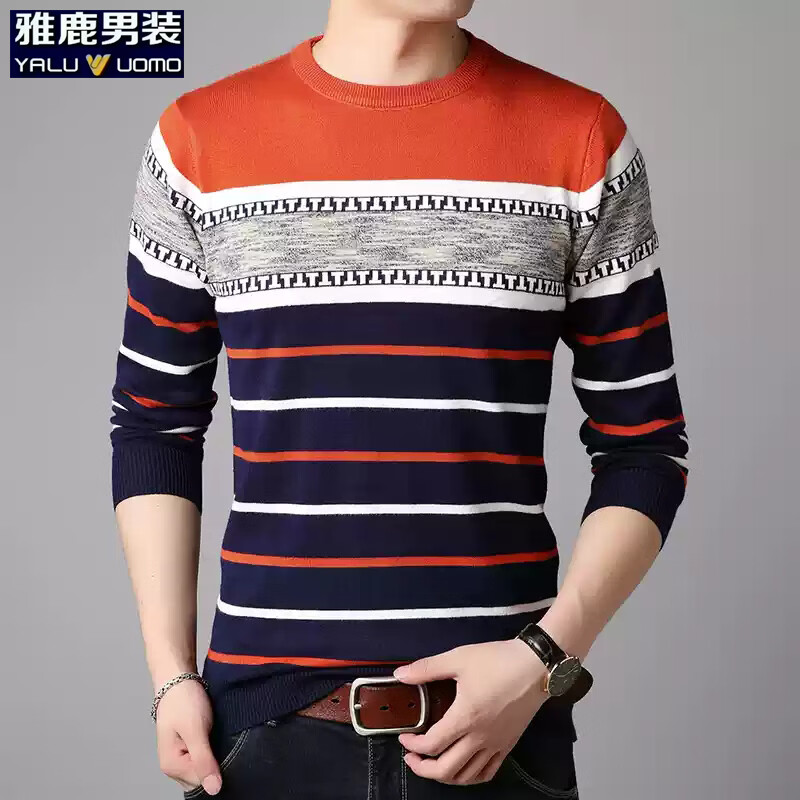 雅鹿针织衫男2026秋季新款圆领套头休闲上衣打底衫毛衣男 蓝色 M (165)(建议100-115斤)