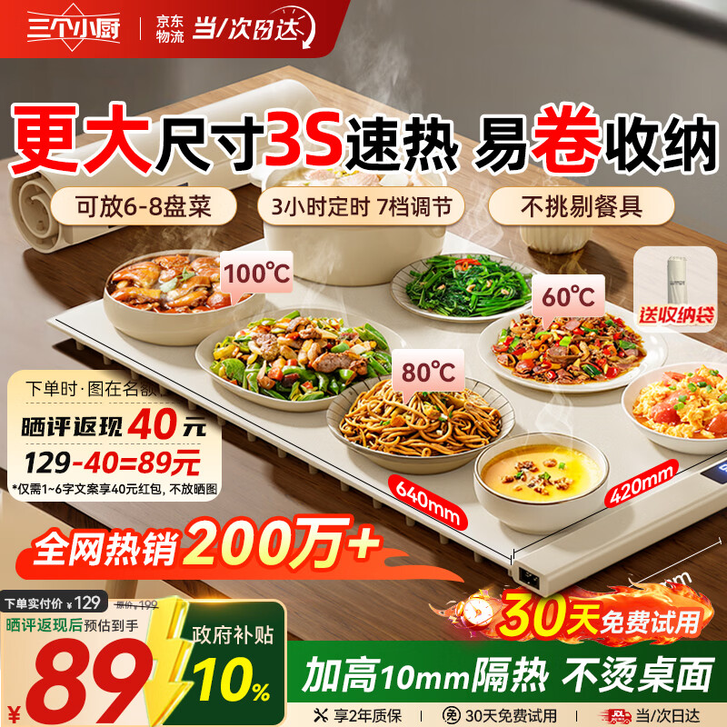 三个小厨暖菜板速热菜保温饭菜加热垫柔性可卷调节收纳全家用智能多功能加热桌垫神器大尺寸硅胶64cm