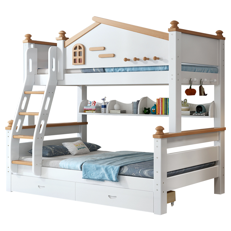 炫迪 榉木全实木双层床儿童上下床高低子母床成人上下铺两层北欧组合床 童年可爱屋-爬梯款 上铺宽100cm下铺宽120cm