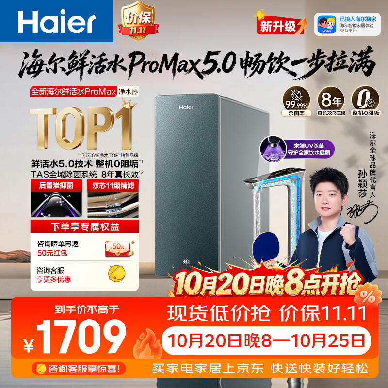 海尔（Haier）海尔鲜活水ProMax5.0 瞬时1400G整机0阻垢家用净水器厨下龙头杀菌后置抑菌双守护双出水可直饮R302