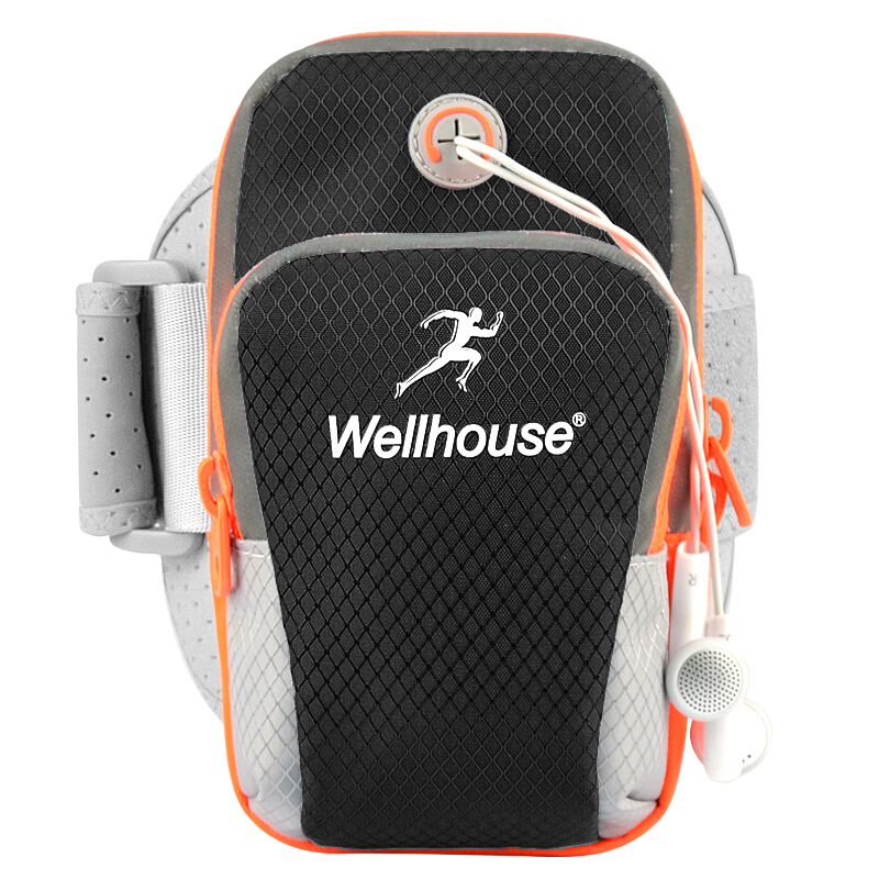 WELLHOUSE 手臂包腕包 跑步運(yùn)動(dòng)防潑水反光條耳機(jī)孔黑色 大號(hào)6.8英寸以下