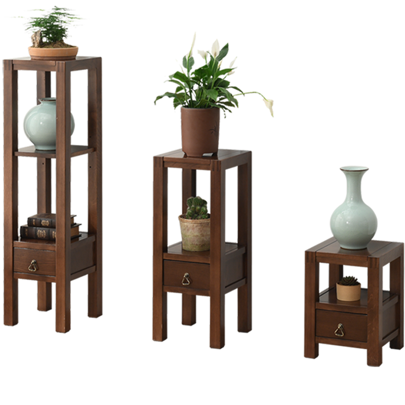 艺柳园 花架阳台 实木置物架新中式花架客厅室内花盆架花台盆栽架边几花架吊兰花架子 带抽款-大号