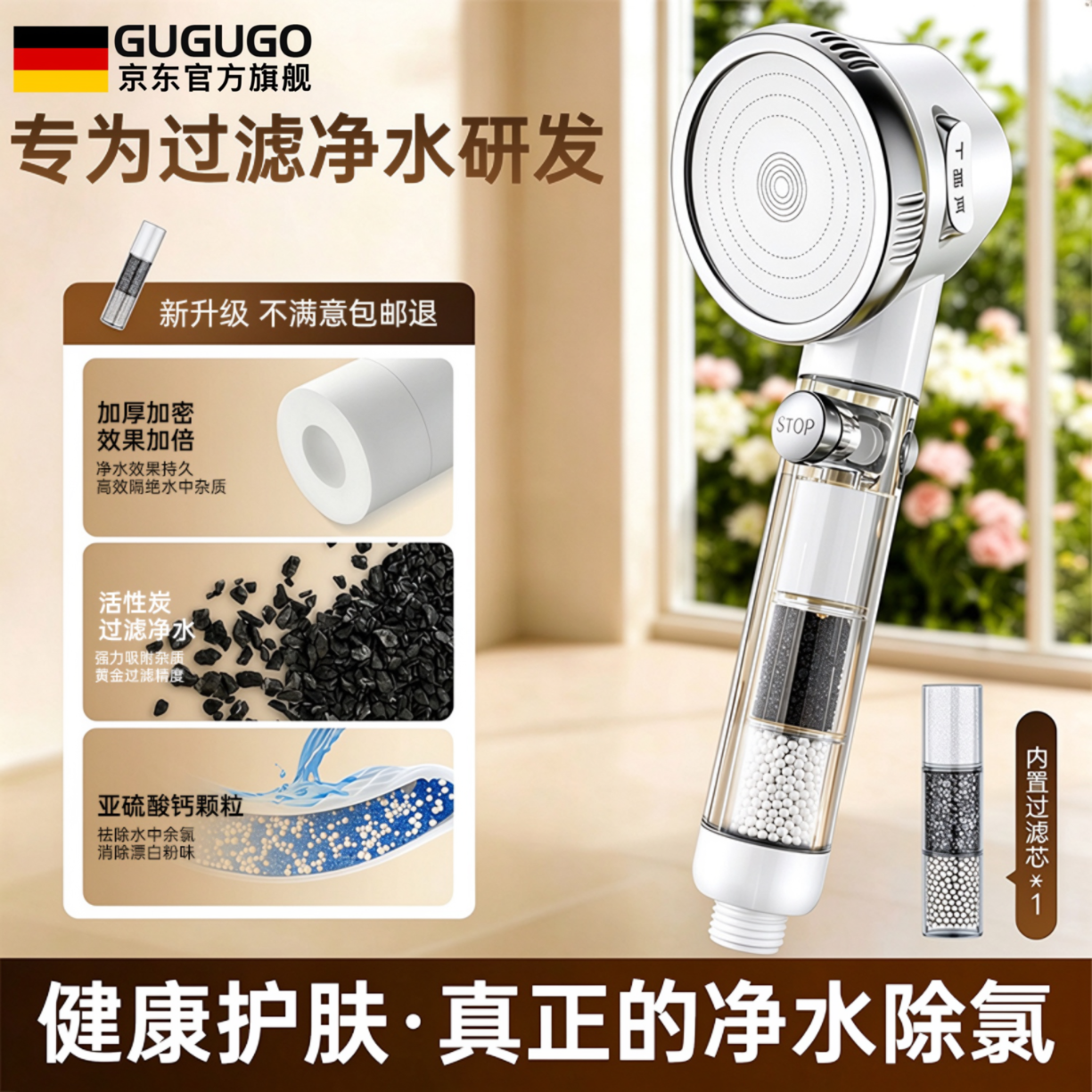GuGuGo【德国】过滤淋浴花洒喷头新款增压花洒超强高压大出水手持淋浴头 【真过滤！】三层过滤-纯银白 三层强效过滤丨空气流能增压
