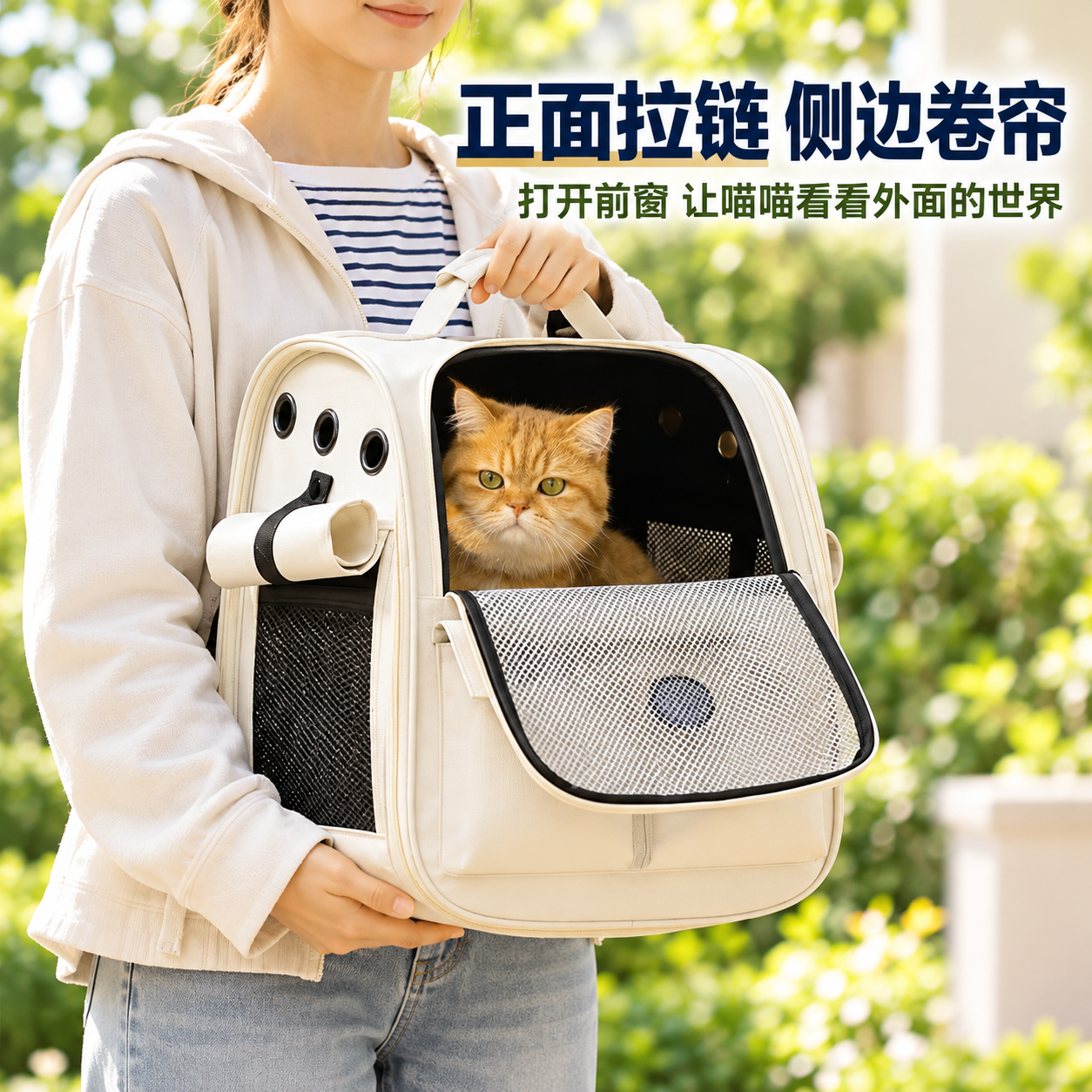 GERTHRON德国猫包外出便携包透气双肩书包四季通用立体大容量猫笼子外出包 米白色【升级侧开互动 防应激卷帘】双肩包 【全新升级第二代】适用18斤内猫咪 立体不塌