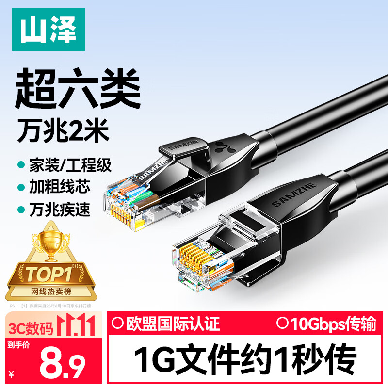 山泽超六类网线 2米 CAT6A类万兆成品网线家用电脑网络宽带工程跳线8芯双绞兼容千兆带双接头黑 D6A020