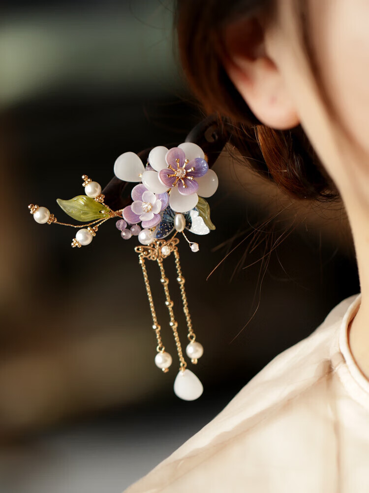 万宝资紫阳花发簪步摇日常气质盘发木簪宫廷风复古汉服头饰发钗旗袍