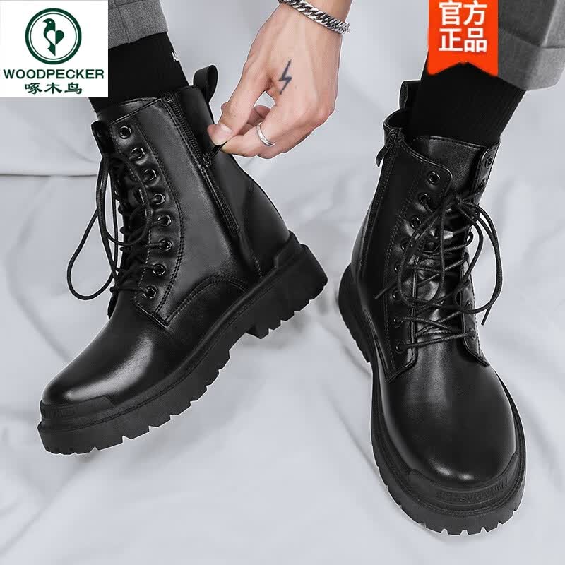 啄木鸟黑色鞋子休闲增高鞋12cm马丁靴男真皮英伦风隐形内增高机车靴 黑色直筒六孔    增高6cm 38