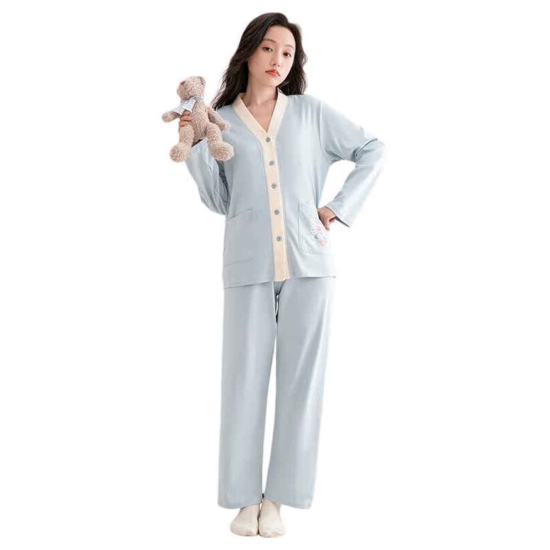 芬腾睡衣女纯棉秋季新款撞色V领小熊外穿柔软长袖家居服套装 浅蓝 L