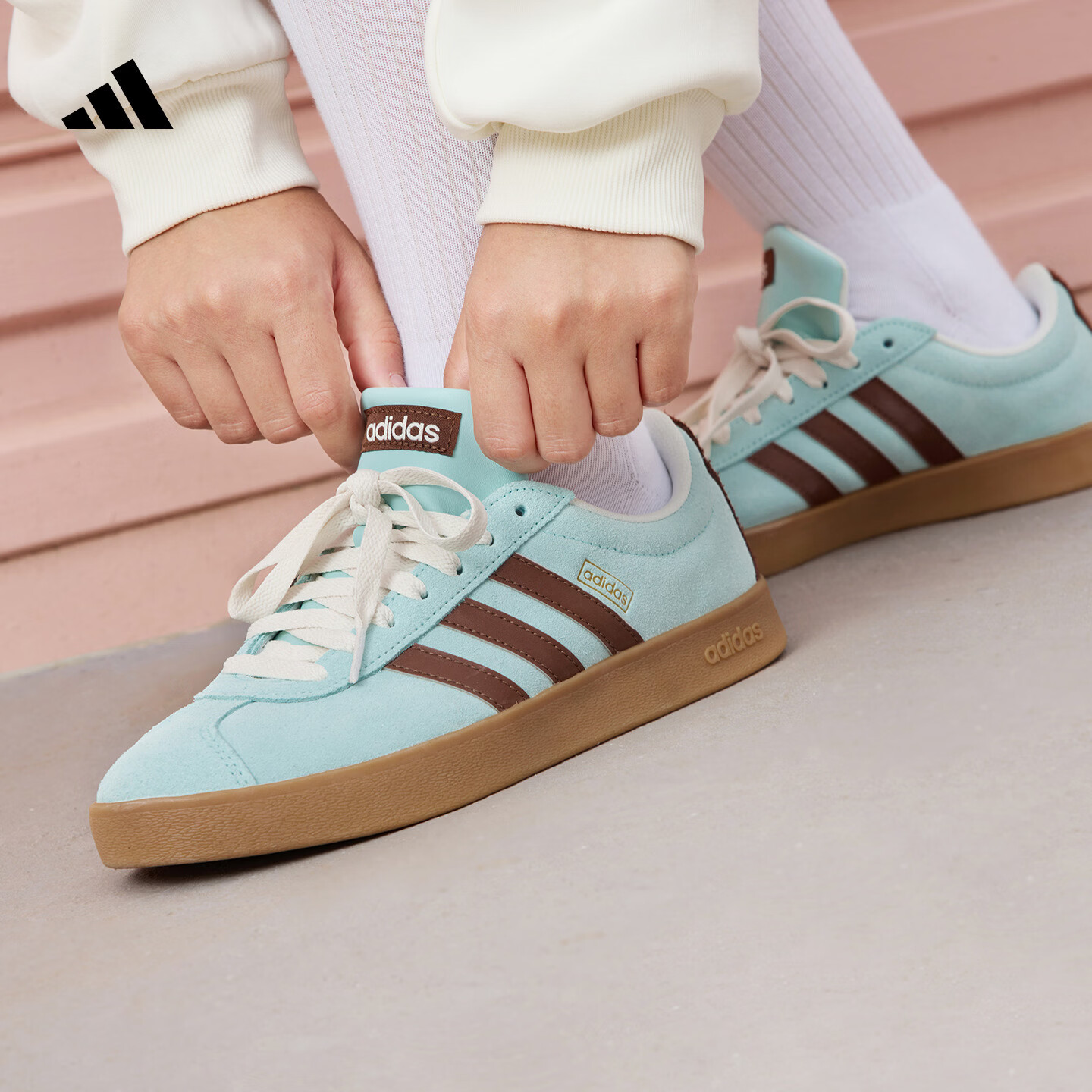 adidas「T头鞋」VL COURT CLASSIC板鞋德训鞋男女阿迪达斯轻运动 浅闪光蓝/棕色/淡绿 (推荐女生买小半码)   40  