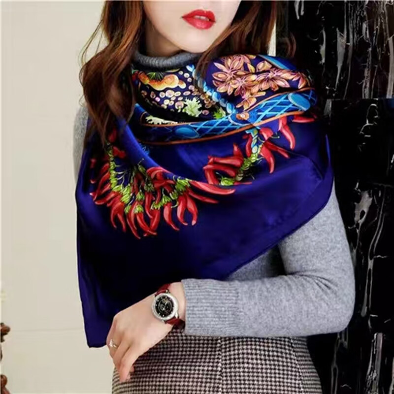 丰紫隅(fengziyu)欧美风蓝真丝大方巾女秋冬真丝围巾桑蚕丝丝巾礼品