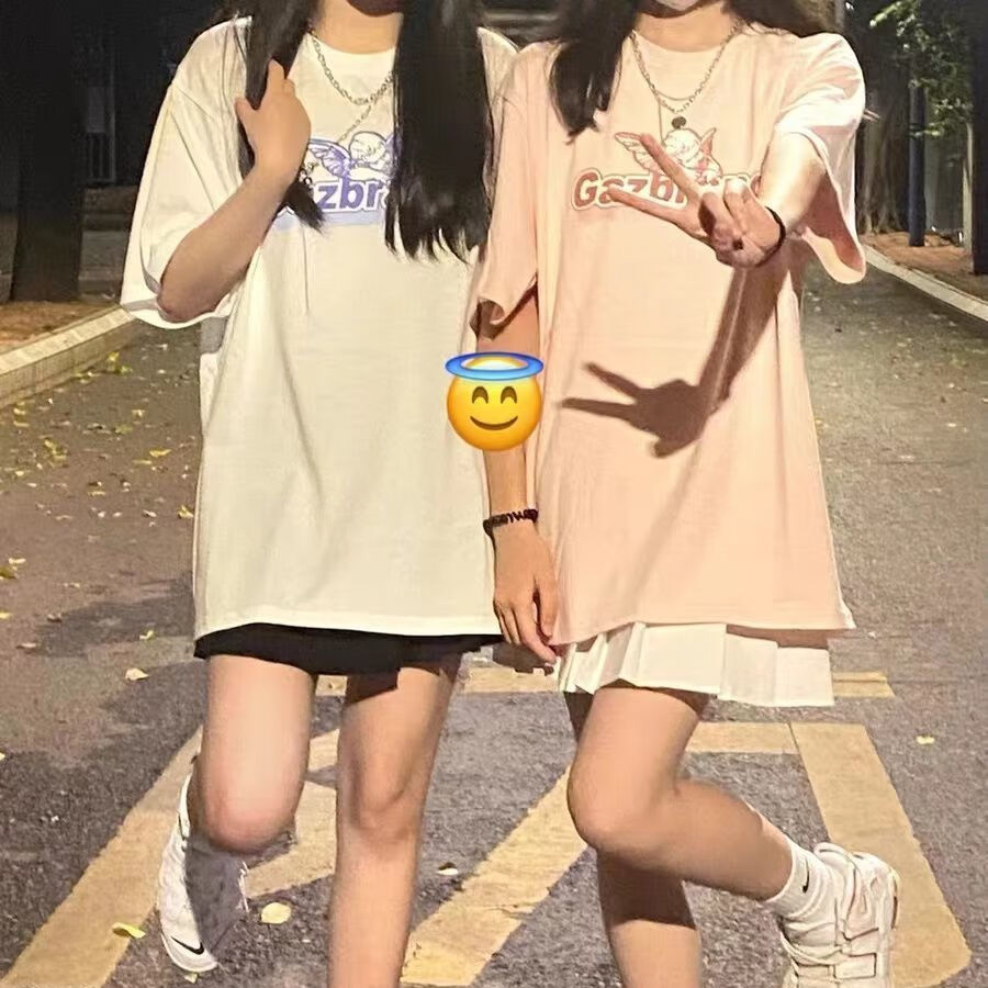 泉麟姐妹装夏日系印花学生宽松韩版闺蜜短袖t恤女 高腰百褶两件 套装