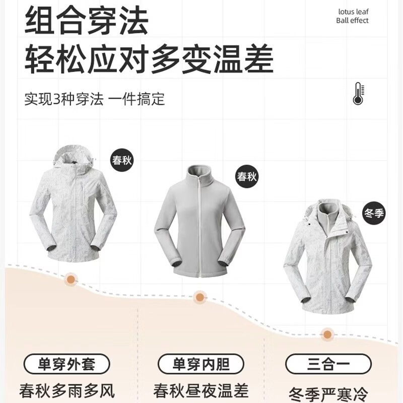 浪莎冲锋衣女秋冬新款三合一可拆卸防风防水登山外套户外保暖抓绒外套 黑色 【三防科技单外套】 XL 【推荐110-120斤】
