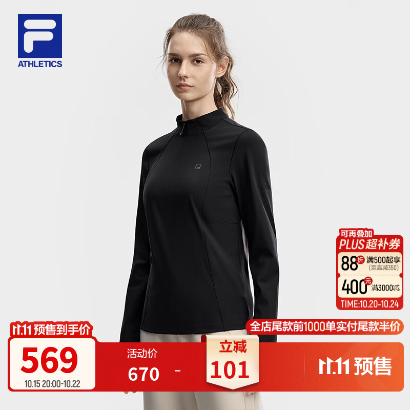 FILA 斐乐官方女子针织长袖上衣2026冬新款健身运动基础半拉链长T 深黑-BK S 160/80A/S