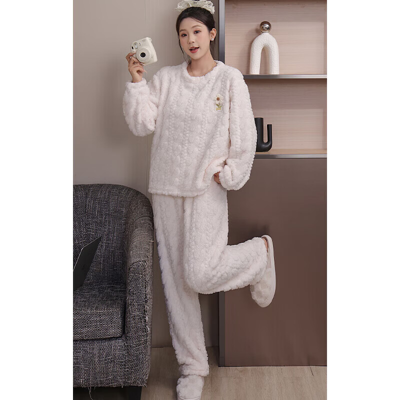 宝娜斯（BONAS）珊瑚绒睡衣女冬季长袖加厚保暖家居服套装公主风长裤睡衣睡裤 粉色 均码 适合【80-150斤】 加厚600g