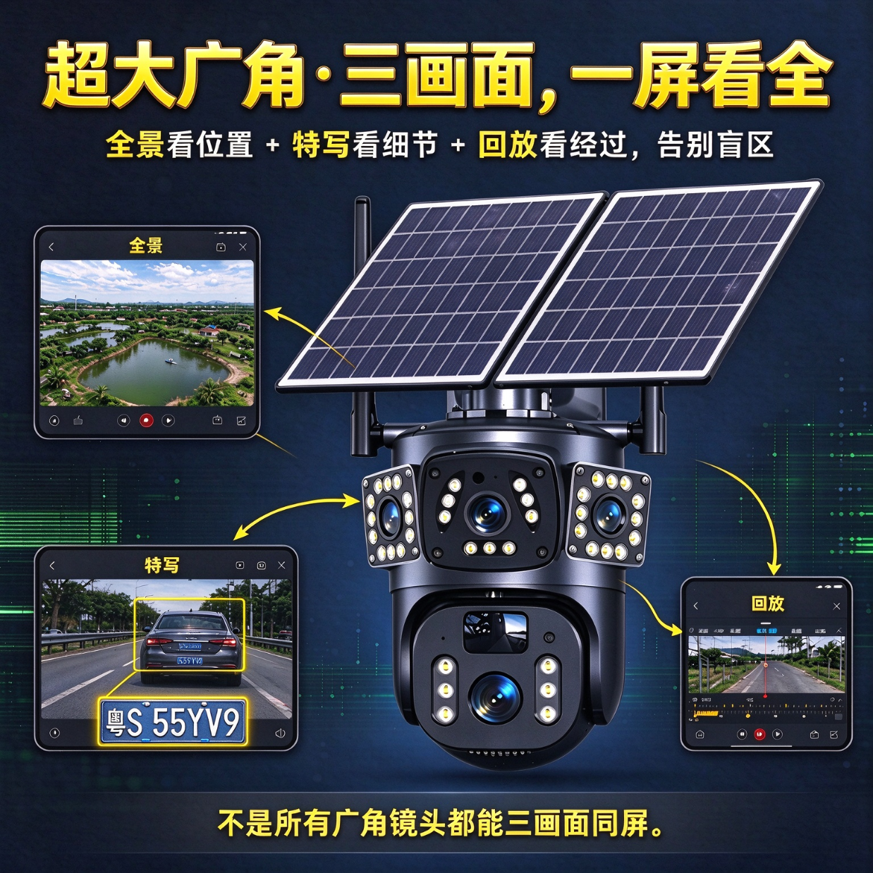 猎腾【免费流量】无电无网太阳能监控摄像头室外4g高清夜视连手机远程农村户外免流量监控器家用360度 双镜头三画面+电子变焦+免费流量 阴天可用大容量电池【单板】30天录像卡