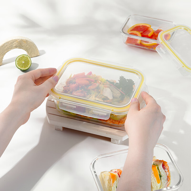 乐唯诗(LOVWISH)食品级冰箱收纳盒保鲜盒高硼硅玻璃微波炉加热密封可冷冻收纳盒 乐优一体盖【可微波】小长400ml*1