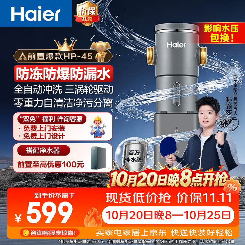 海尔(Haier)前置过滤器超大通量家用自来水过滤净水器40微米全自动反冲洗实时水压监测全屋净水HP-45