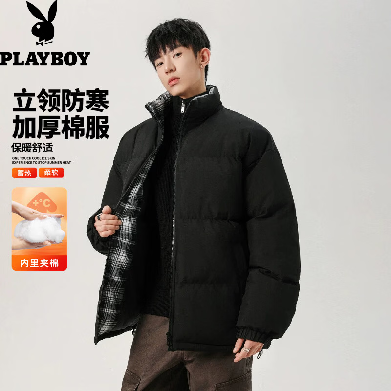 花花公子（PLAYBOY）格子拼接夹克棉服男秋冬季美式潮牌立领面包服青少年棉衣外套 黑色 XL 京东折扣/优惠券