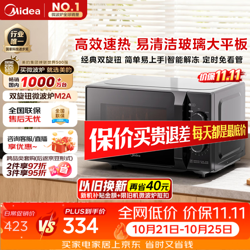 美的（Midea）微波炉经典升级款M2A 家用小型20升平板式易清洁快捷双旋钮高效速热杀菌除味2026新款
