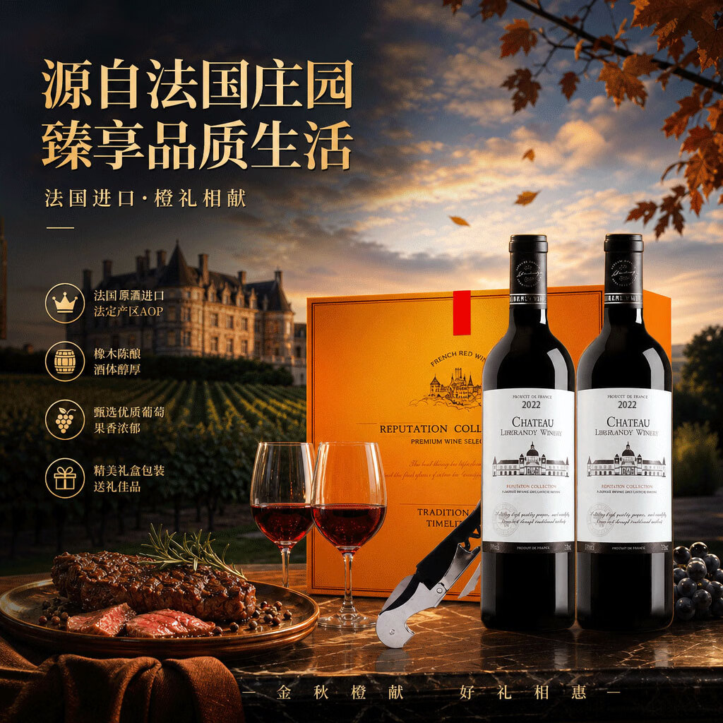 马丁巴克 【双支红酒礼盒】法国进口红酒高端干红葡萄酒送礼批发中秋礼盒 【古堡丨法国】14°酒味醇厚