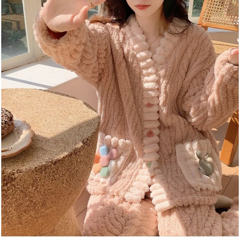 宝娜斯(BONAS)彩虹开衫睡衣女法兰绒套装秋冬季保暖仙女风睡袍可外穿甜美家居服 粉色【套装】 均码 (80-140斤)