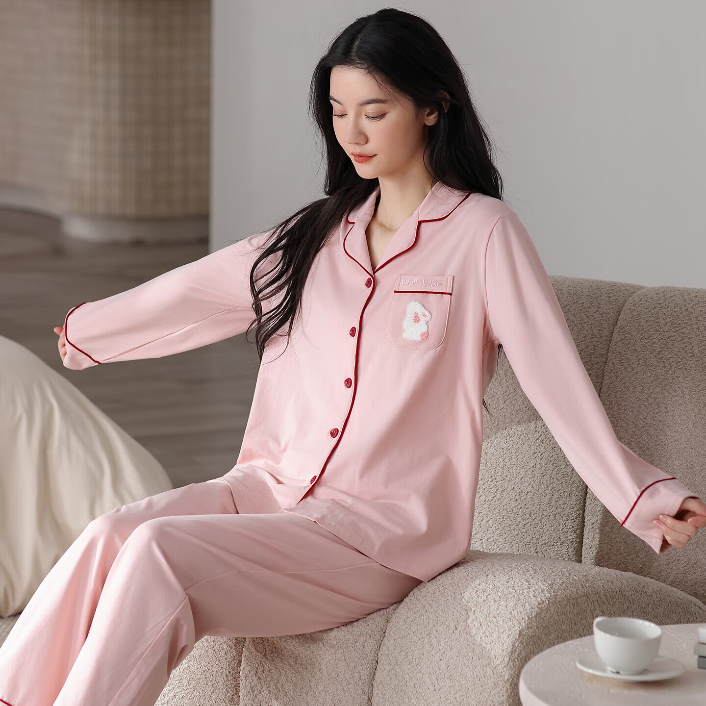欧迪芬100%纯棉睡衣女款2026新款长袖长裤宽松舒适可外穿家居服套装 蜜桃粉 L 【建议100-120斤】