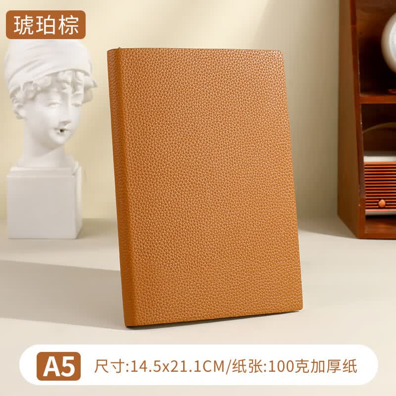 锦兔重磅加厚B5大号笔记本子大气荔枝纹软皮面定制可印logo商务简约办公会议记录记事本考研书写横线 琥珀棕A5