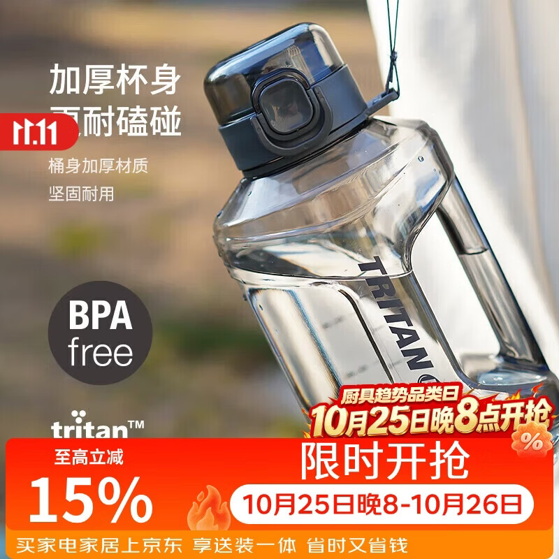 乐扣乐扣(LOCK&LOCK)小水库大容量塑料运动水杯户外冷水壶刻度把手男女杯子2.2L灰色