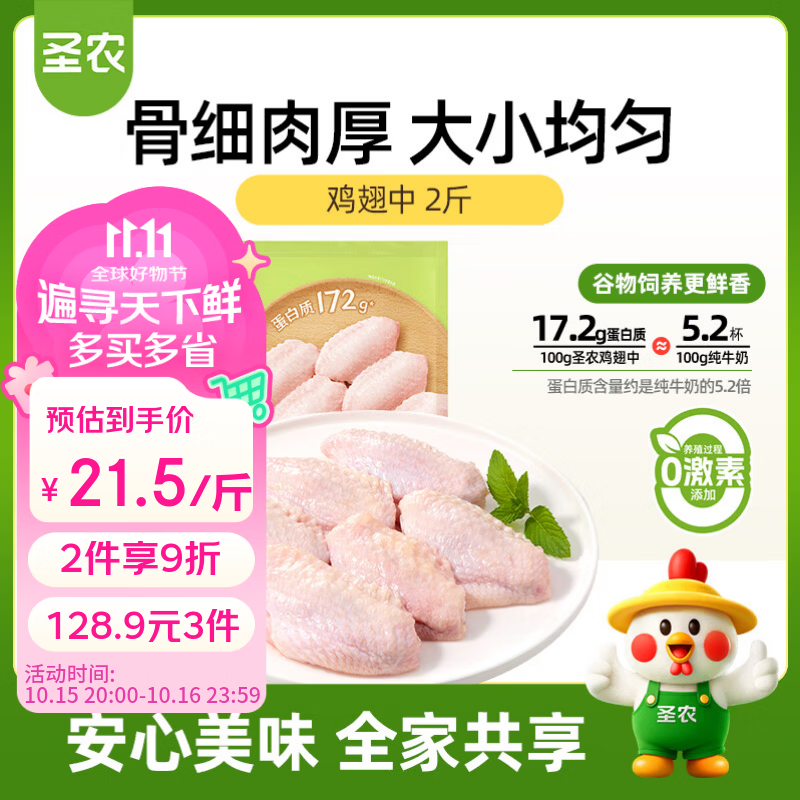 圣农鸡翅中2斤装，单斤仅21.4元，买3件到手128.9元