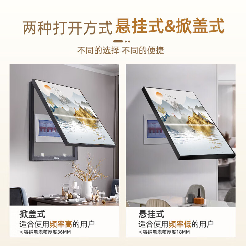 电表箱装饰画竖版免打孔现代简约轻奢餐厅遮挡电闸箱挂画客厅壁画 光影几何(59106) 50*60(容纳横长43*竖高52) 时尚白框 上掀盖水晶(竖版)