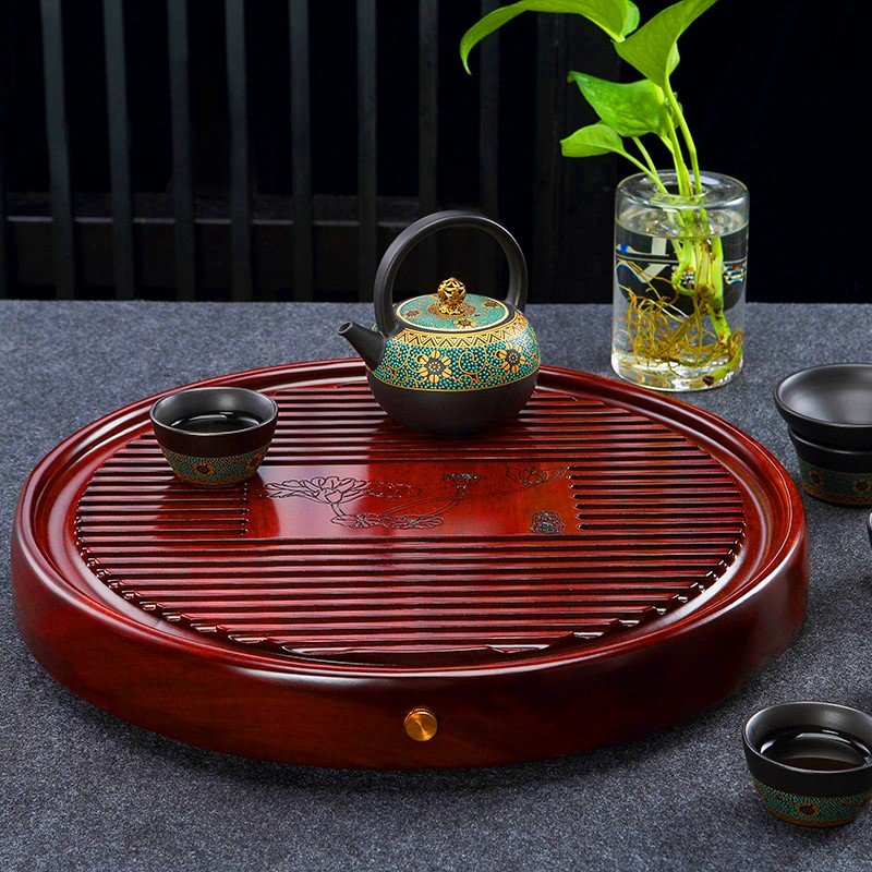 简约整块实木茶盘 红花梨木排水式圆形茶盘 家用客厅干泡盘 茶海托盘