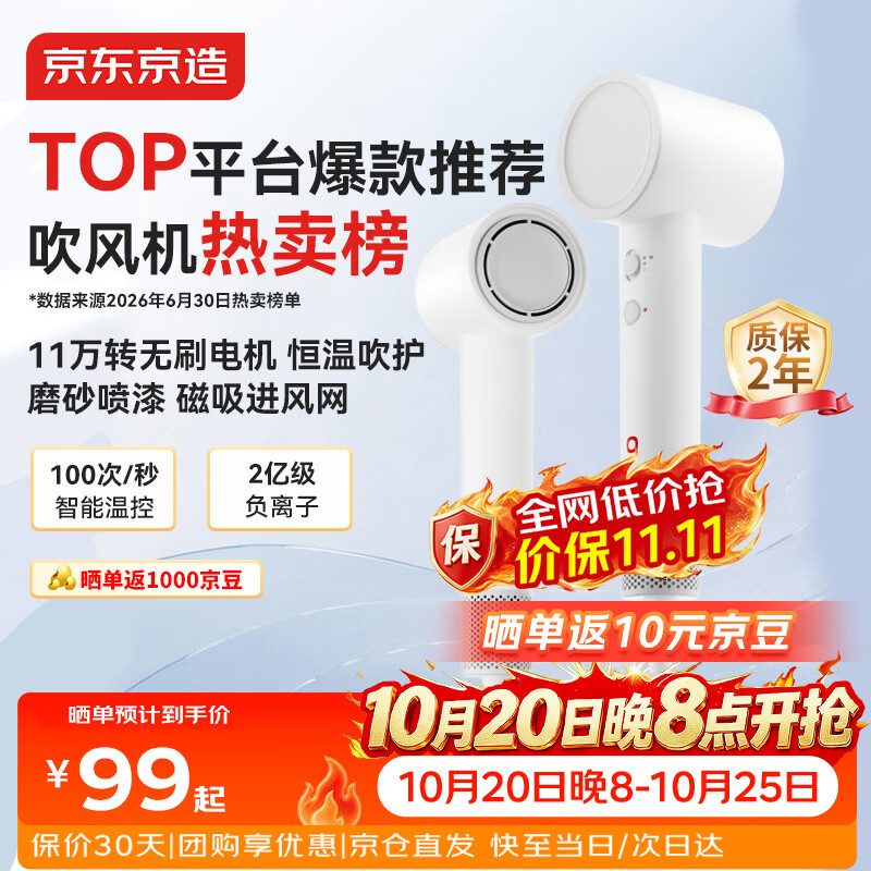 京东京造【晒单京豆10】智能高速吹风机Lite2白 负离子吹风机家用恒温静音大功率护发速干宿舍电吹风生日