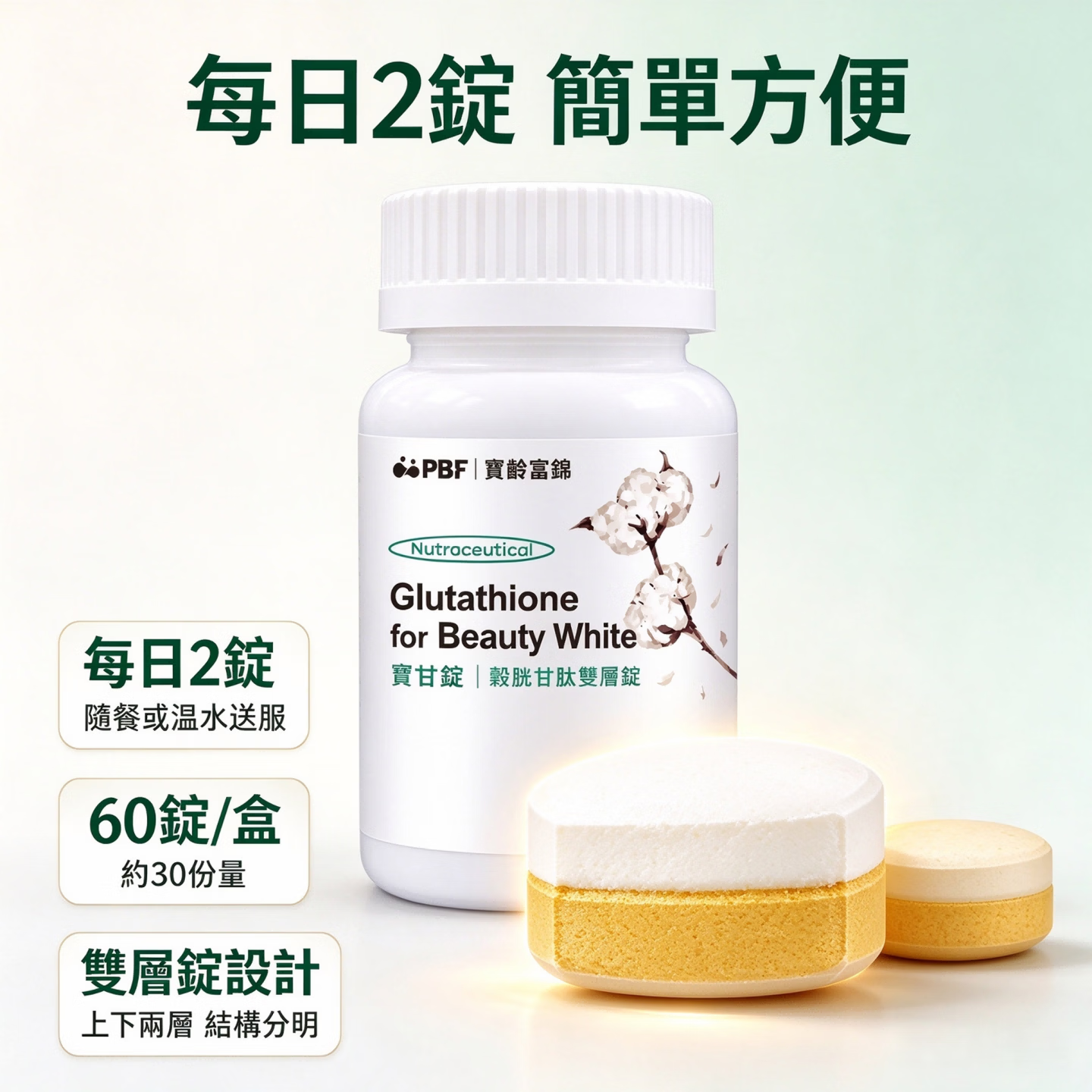 PBF寶甘錠(穀胱甘肽雙層錠) 60片*1瓶 谷胱甘肽:250 毫克