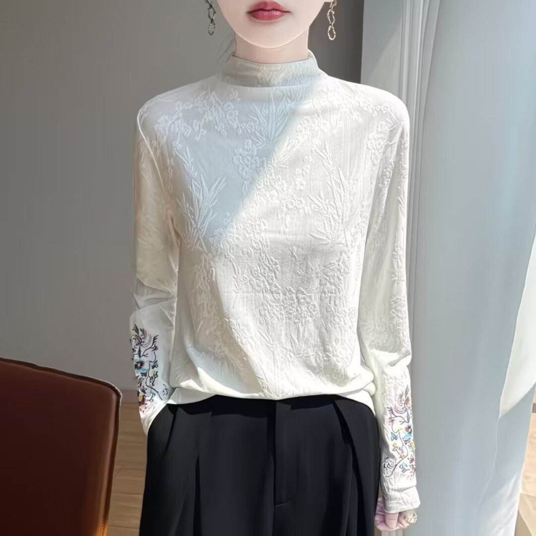 女士秋冬内搭可外穿刺绣半高领长袖t恤上衣wsn 米白色 2XL 【建议110-125斤】