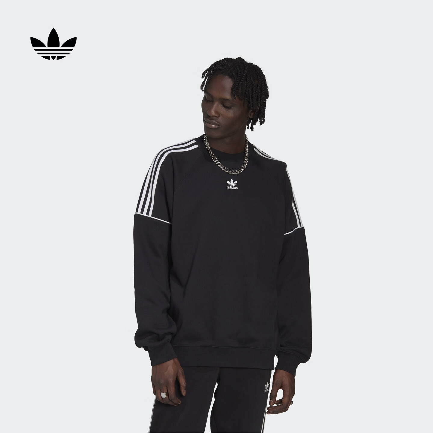 adidas廓形法式毛圈布运动圆领卫衣套头衫男装秋季阿迪达斯三叶草 黑色   L  