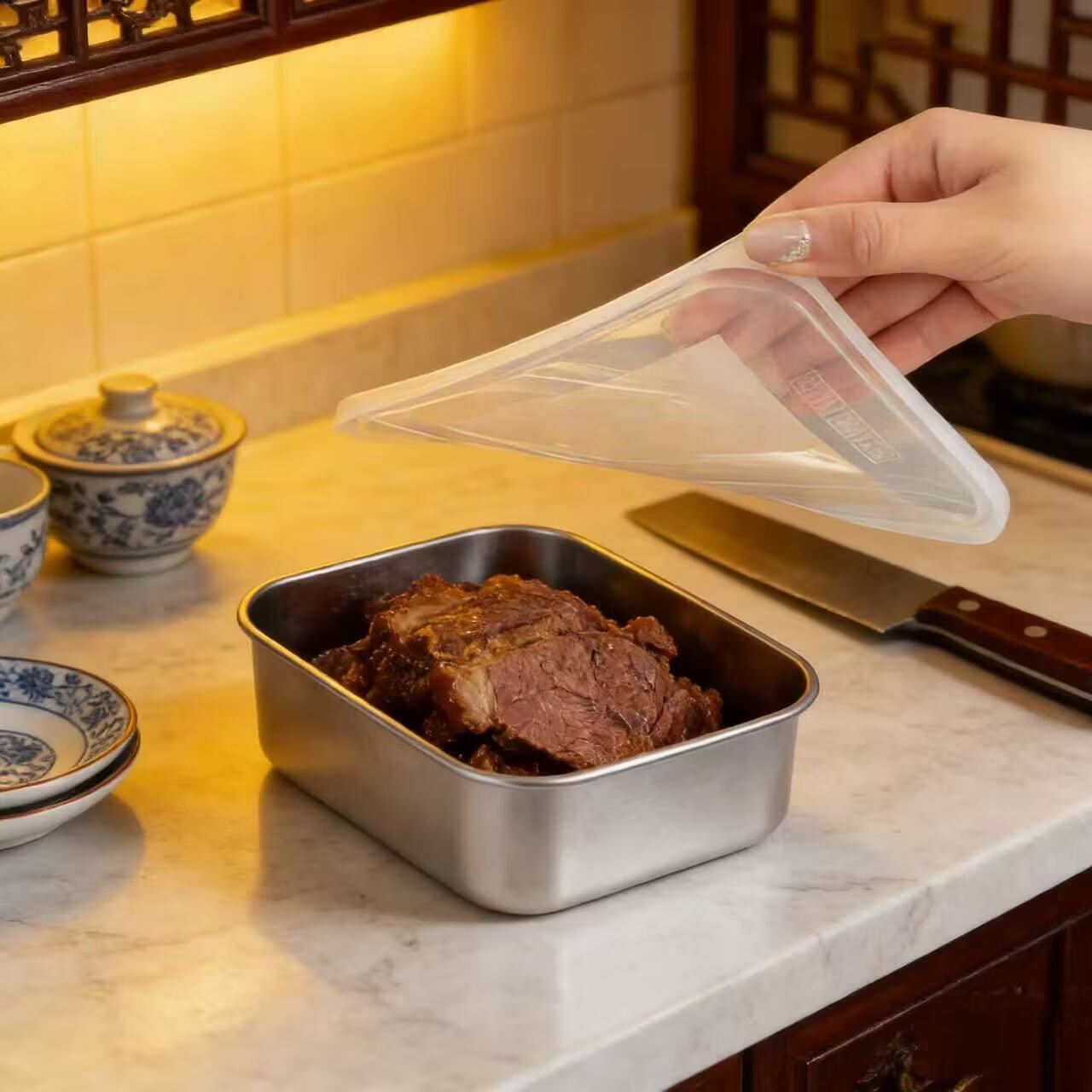 加厚不锈钢保鲜盒饭盒密封水果便当冰箱专用方盒带盖 保鲜盒1000ML 【三盒三盖】18*13