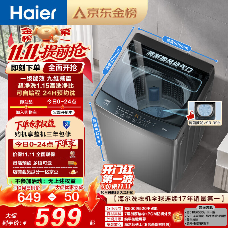 海尔（Haier）全自动波轮洗衣机8KG小型 家用宿舍出租 6键自编程  一级能效 家电补贴 京东自营XQB80-Z10D0