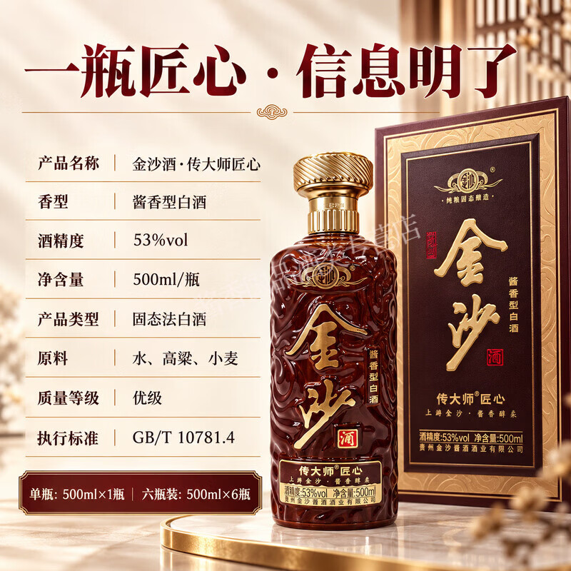 金沙回沙 贵州酱酒 礼盒包装 宴请送礼 摘要同厂 53度 500mL 6瓶 金沙传大师匠心