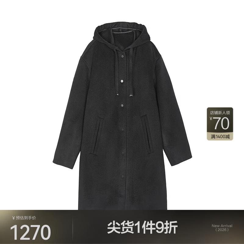 江南布衣(JNBY)秋冬呢大衣连帽直筒5PA812180 001/本黑 S